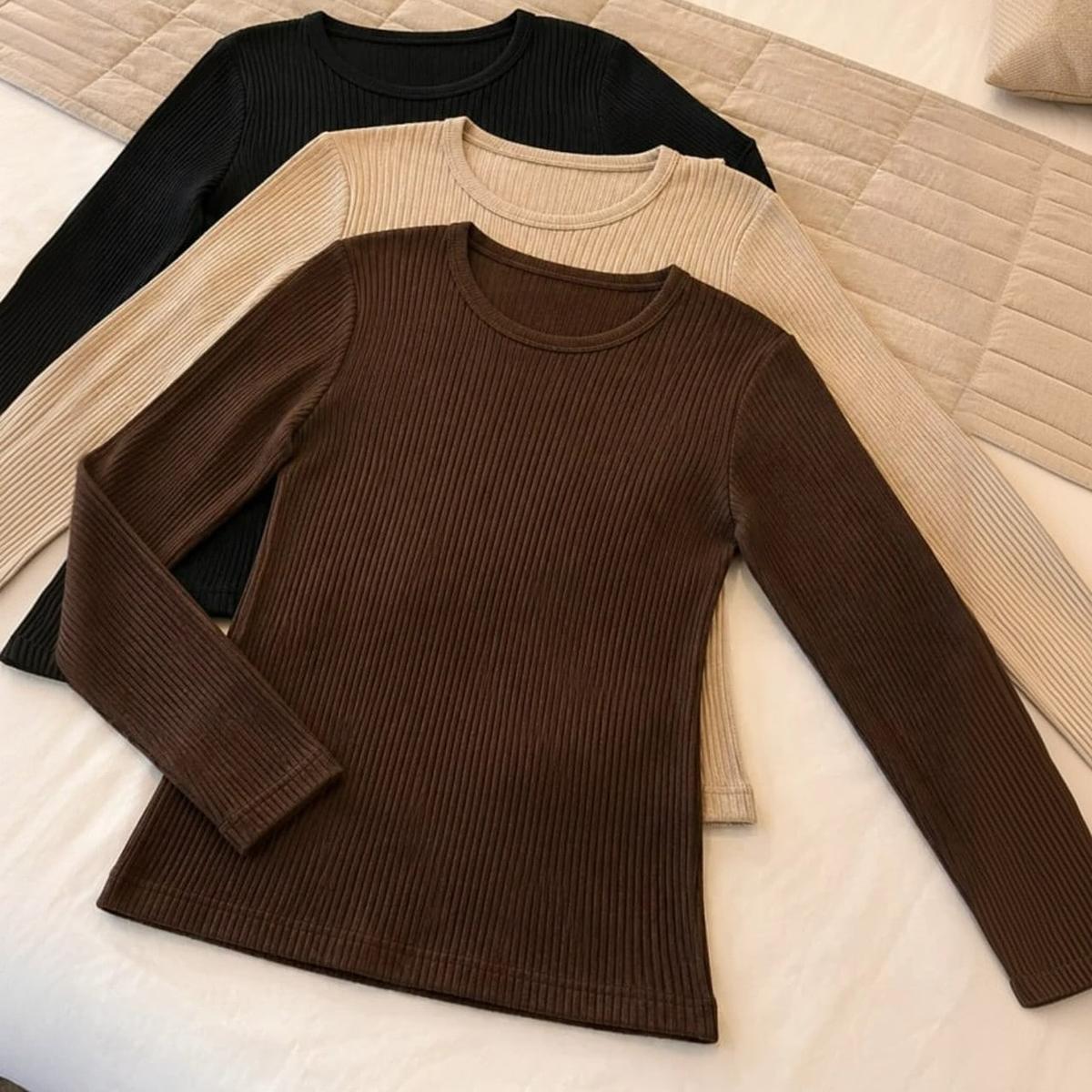 Kit 3 Blusas Gola Alta Manga Longa Segunda Pele Feminina