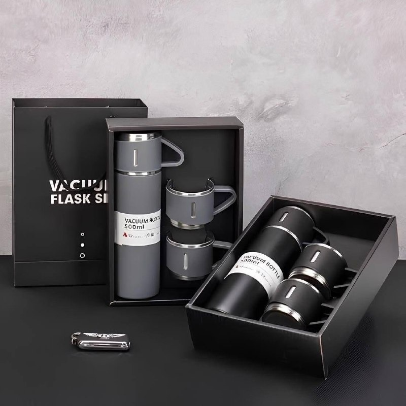 Kit com Garrafa Térmica Vacuum Bottle Inox 500ml + 3 Xícaras