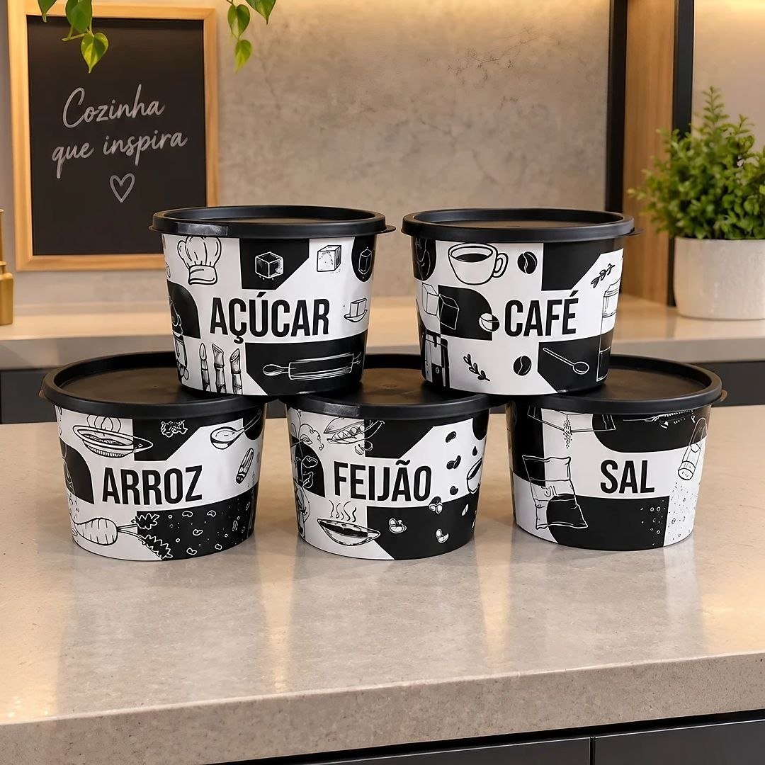 Kit Porta Mantimentos 5 Peças Redondo Com Decoração 1,5 Lt