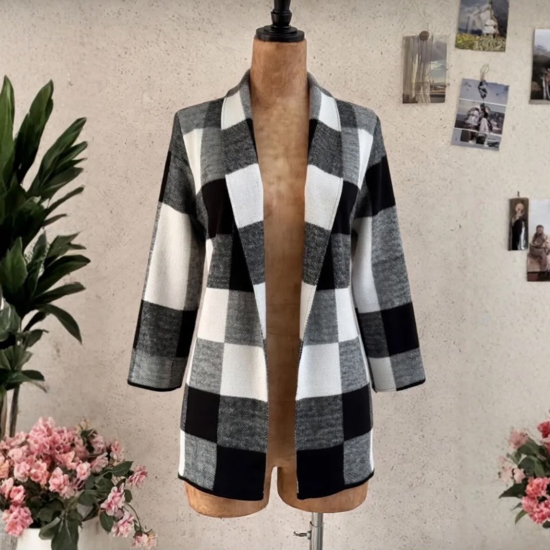 Casaco Xadrez Tricô Cardigan Inverno Manga Longa Feminino