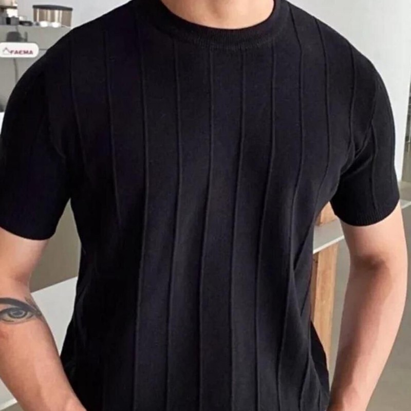 Blusa Masculina Básica Manga Curta Canelada Tricot Modal (M ao GG)