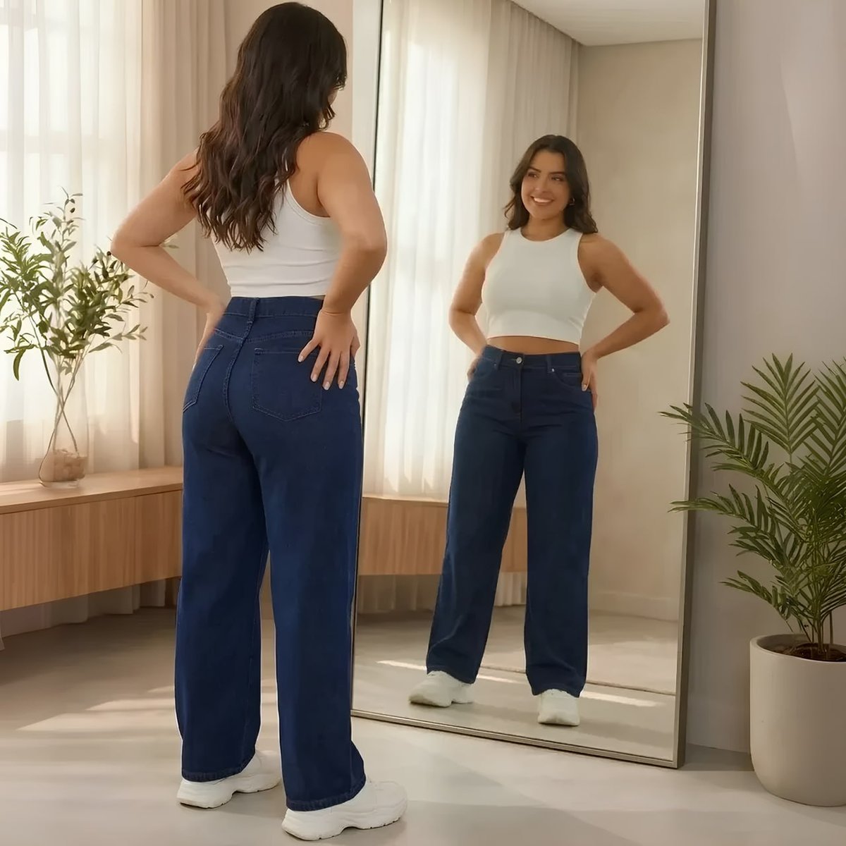 Calça Jeans Wide Leg Feminina Cintura Alta Sem Lycra Stillge