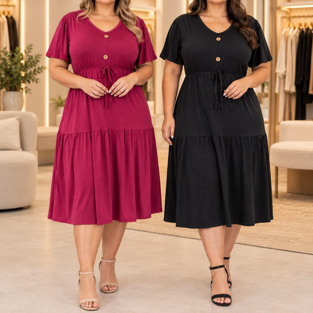 Kit2 Vestidos Plus Size Midi Viscolycra Com Manga