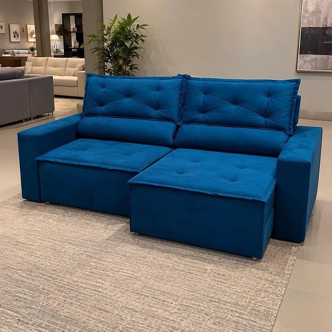 Sofá Retrátil E Reclinável Com Molas 1,80m Livia Suede Azul