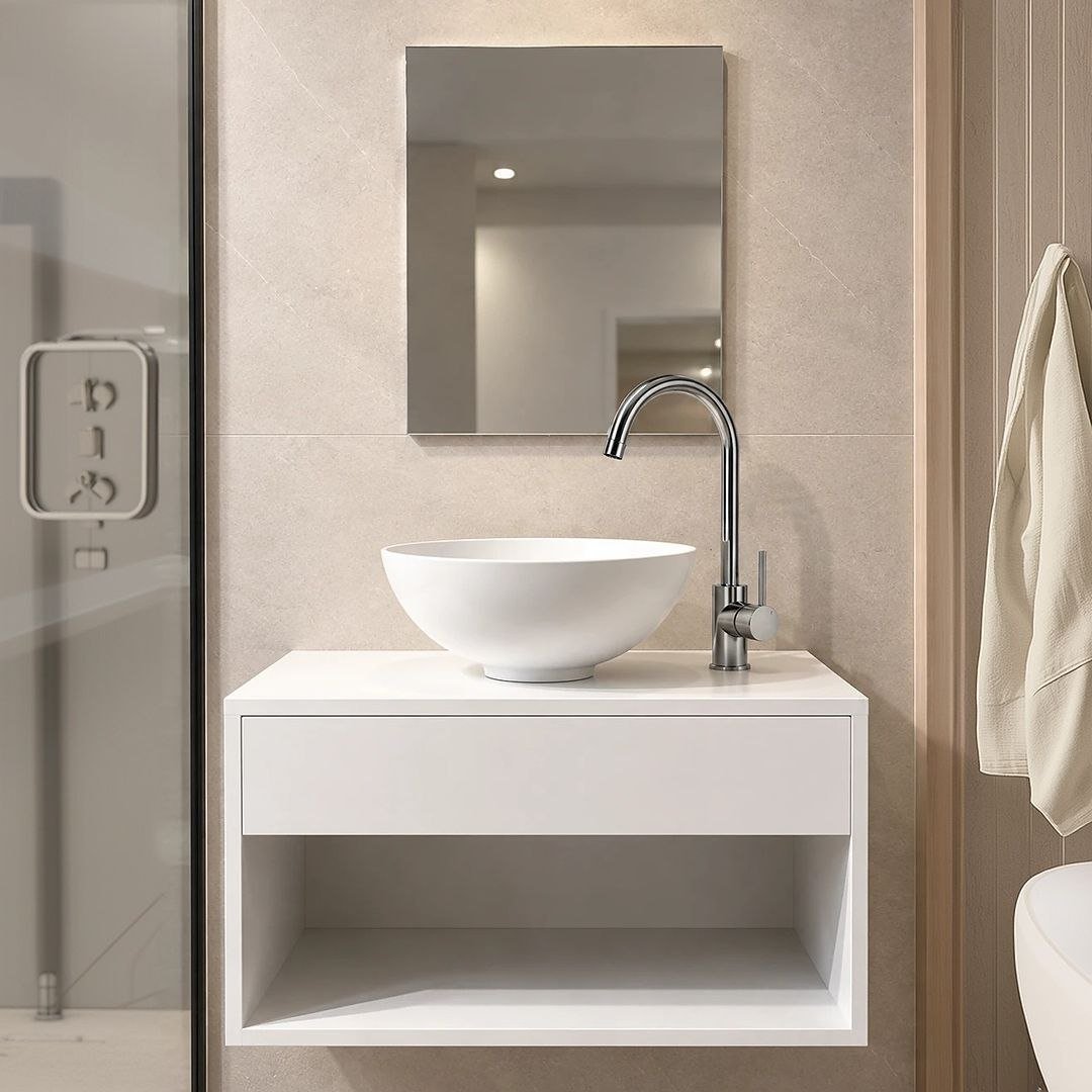 Gabinete Armário Banheiro 50cm Branco Cuba Redonda Suspenso Lavabo Lavatório Pia