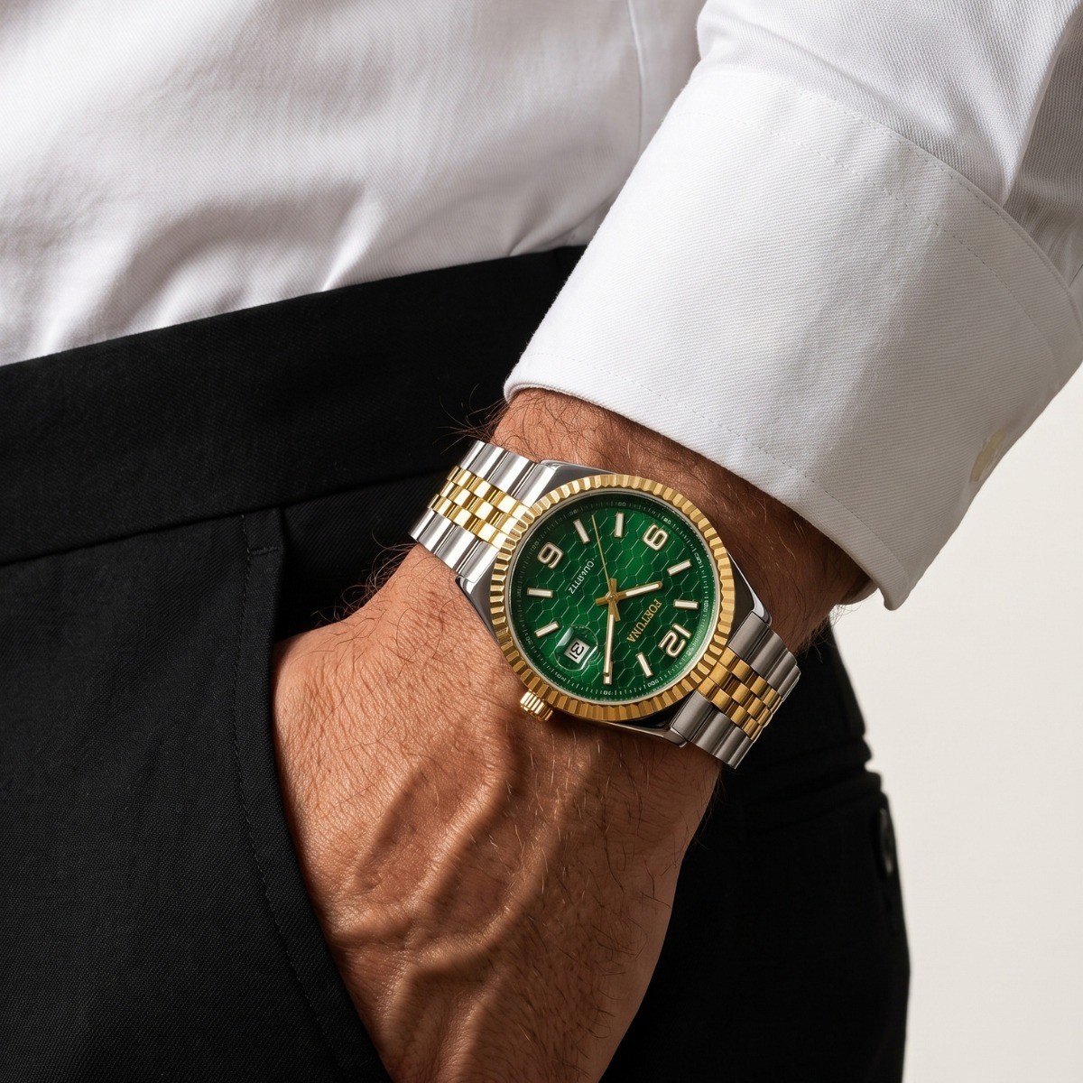 Relógio De Pulso Masculino Fortuna Quartz Minimalista Luxo Prata Dourado Cx Verde