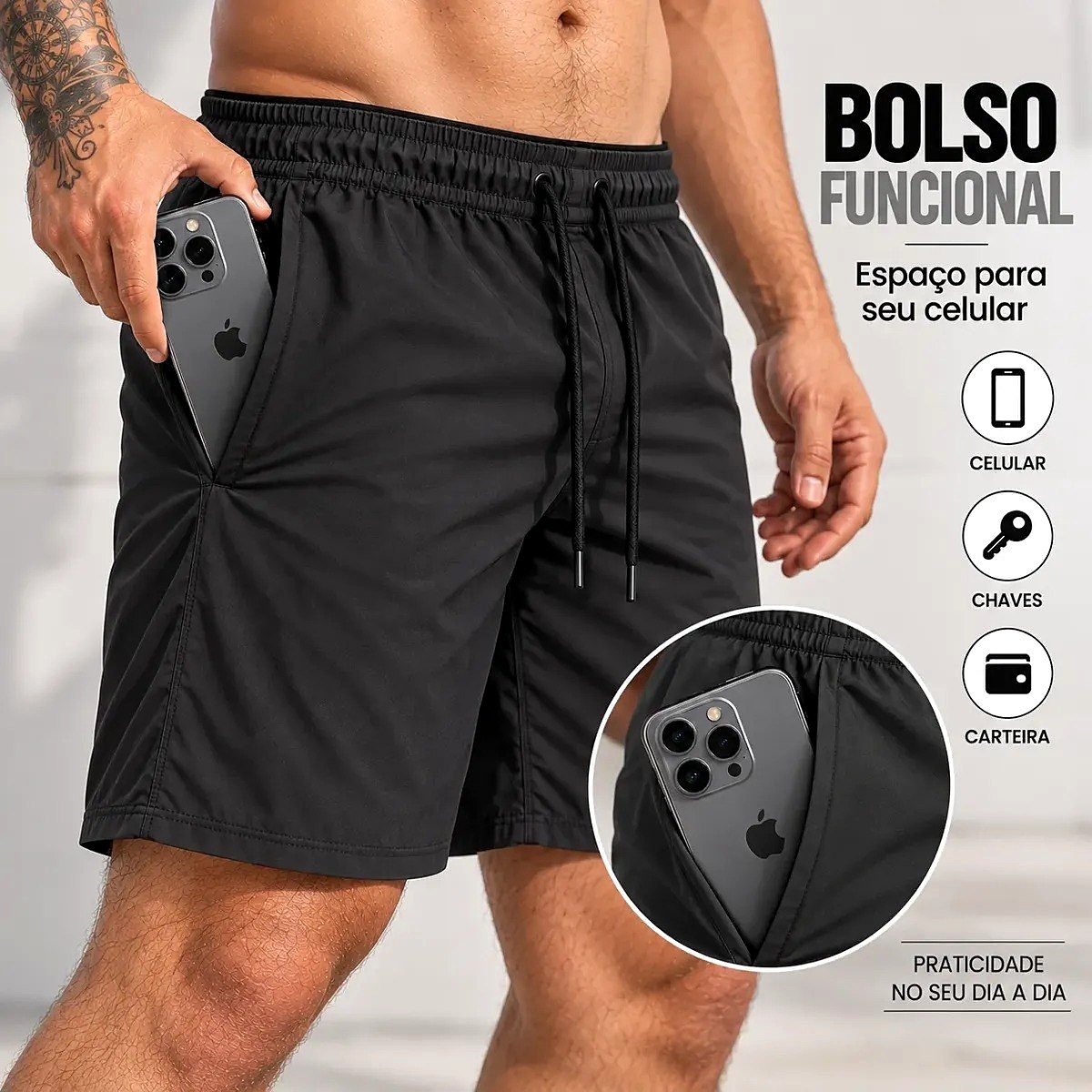 🩳 Kit 3 Shorts Tactel Bermuda Elastano Academia