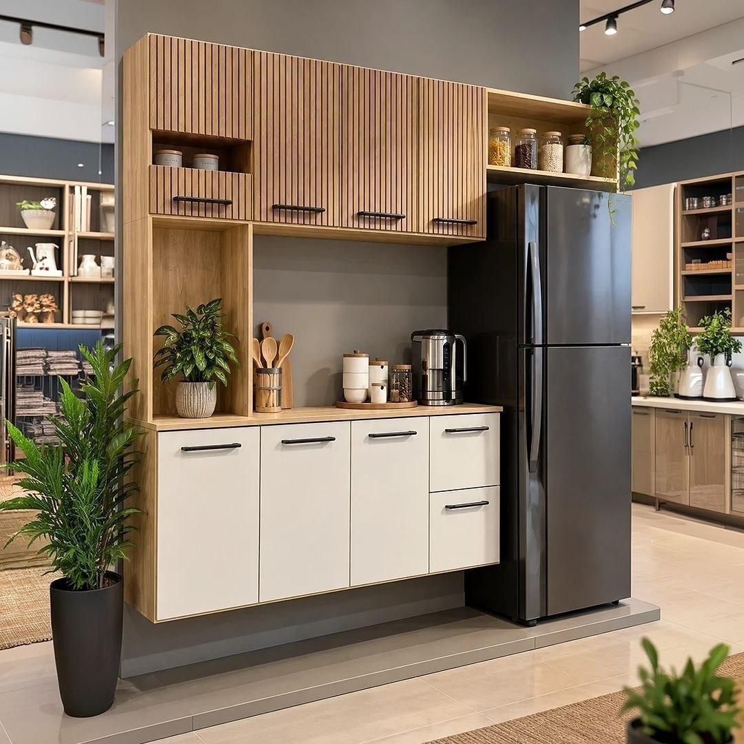 Armário de Cozinha Completa Aéreo 7 Portas e 2 Gavetas Planejada Branco Off White Ripado Juliana