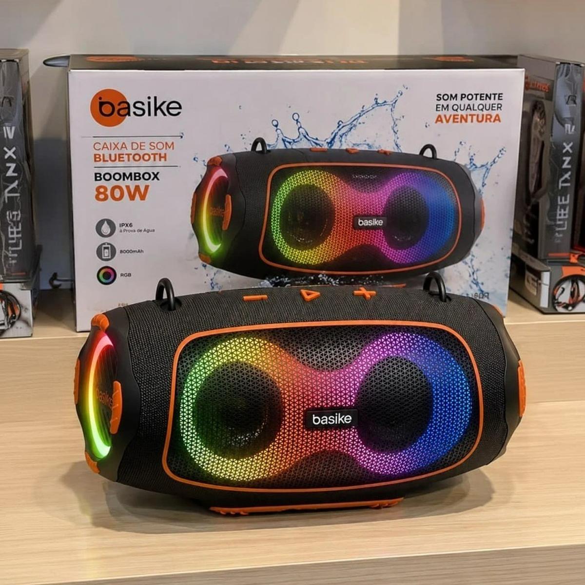 Basike Caixa de Som Portátil Com Bluetooth Boombox 80W 8000Mah RGB IPX6