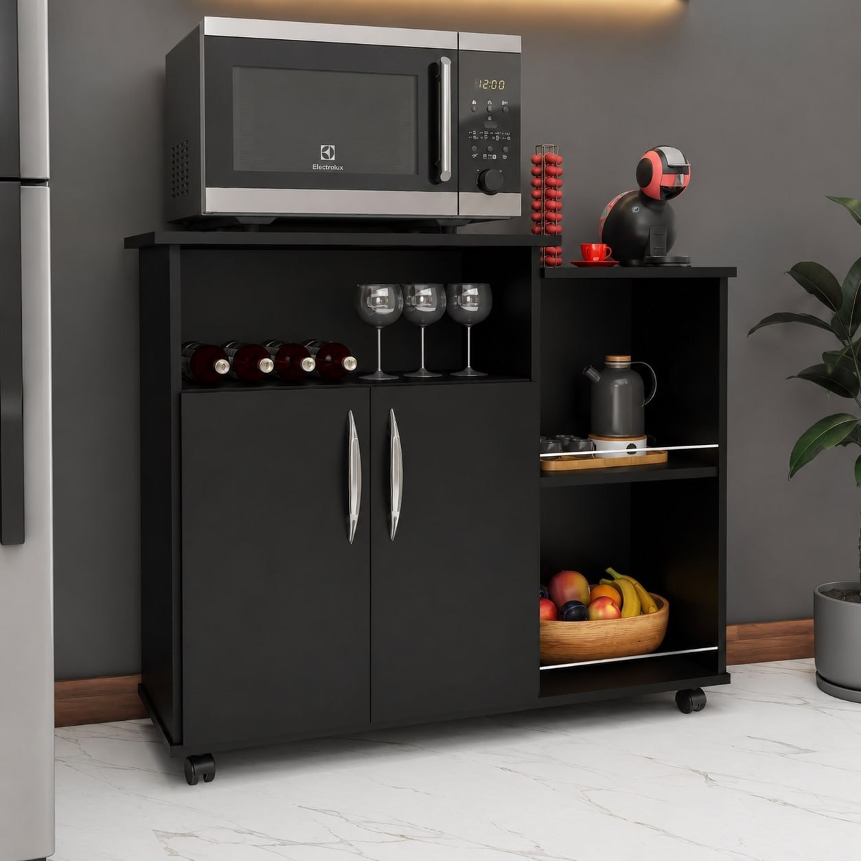 Fruteira Armário para Cozinha Balcão Para Cafeteira E Forno Cor Preto Nova Decor