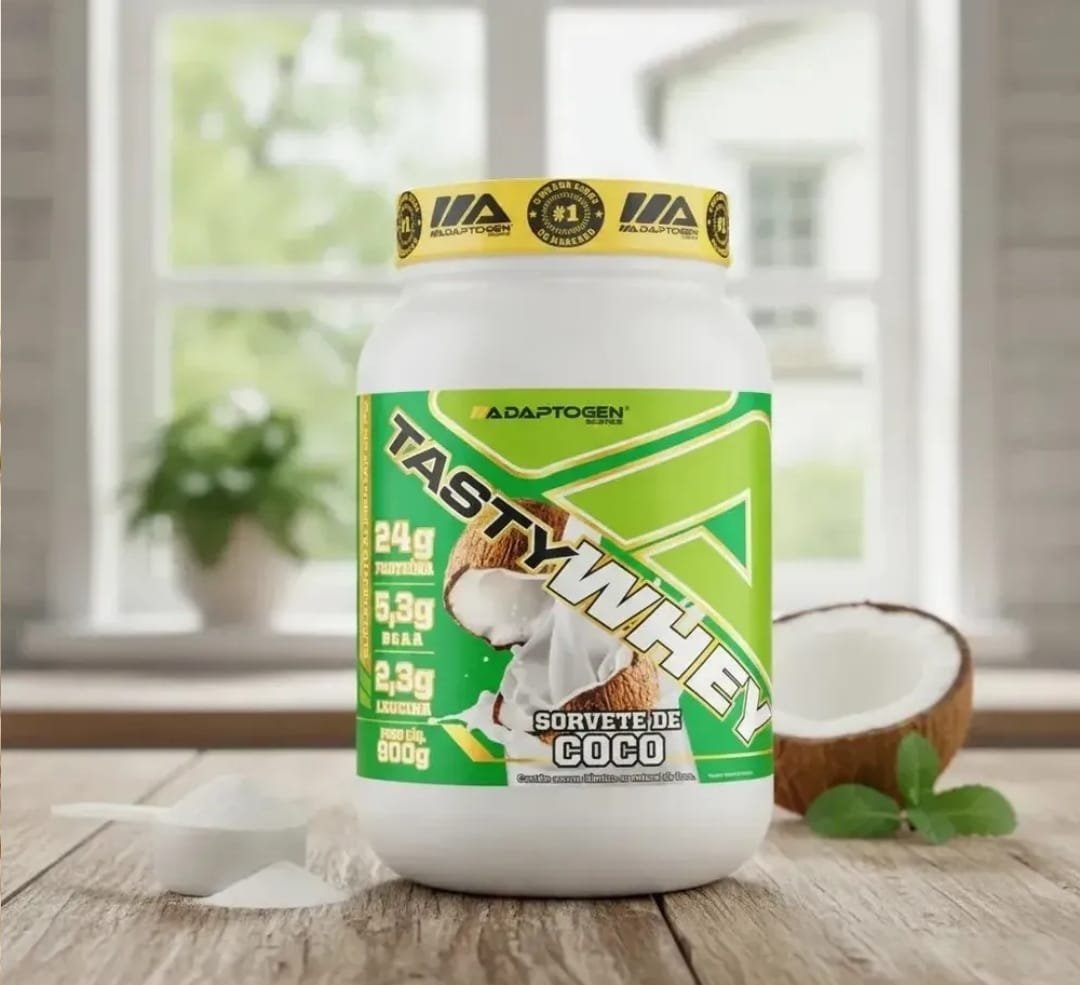 Suplemento Tasty Whey Adaptogen Science Whey Protein 3w Gourmet Pote 900g Sabor Sorvete de Coco