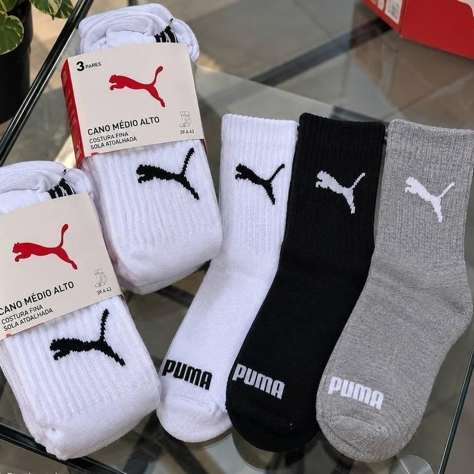 Kit com 6 Pares Meias Puma Cano Médio Alto Atoalhada