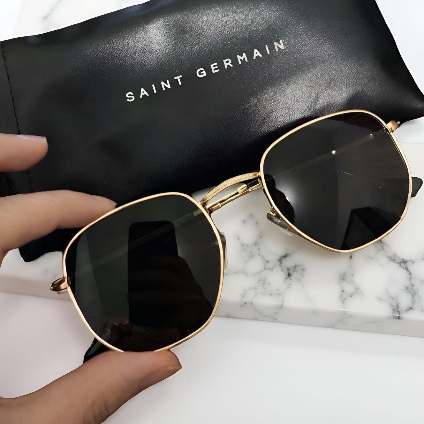 Óculos De Sol Saint Germain Dourado Harbor Aviador Uv400 Lente Preto Desenho Espelho
