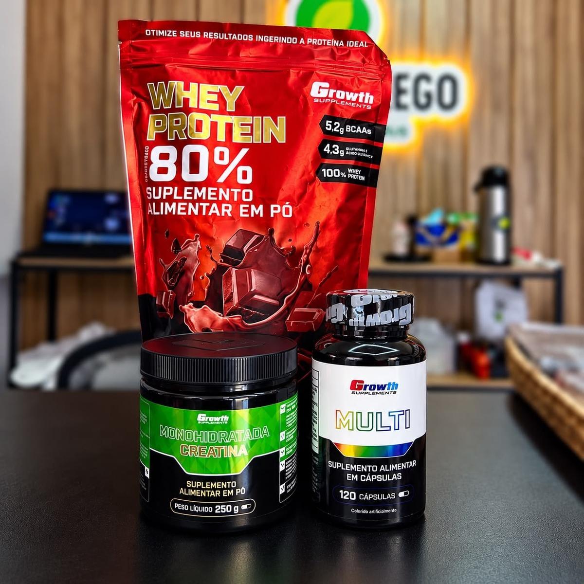 Kit Growth - Whey Protein Cookies And Cream 1kg - ⁠Multivitamínico 120 Cáps - ⁠Creatina 250g