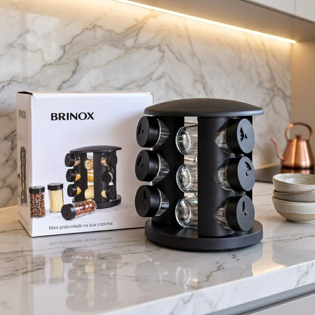 Porta Tempero De Vidro 10 Peças Brinox Lock & Preto