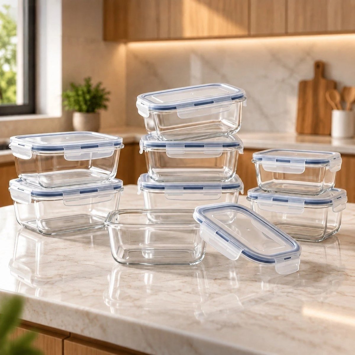 Kit 10 Potes Vidro Hermetico Vai Ao Forno Microondas 640ml