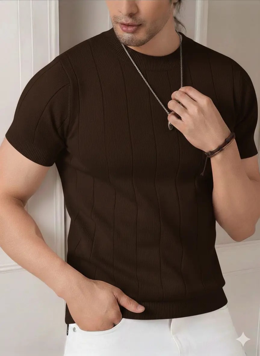 Blusa Masculina Básica Manga Curta Canelada Tricot Modal (M ao GG)
