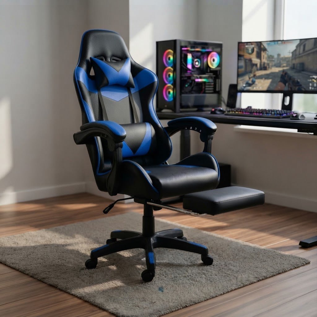 Cadeira Ergonomica Gamer Com Apoio Para Os Pés azul