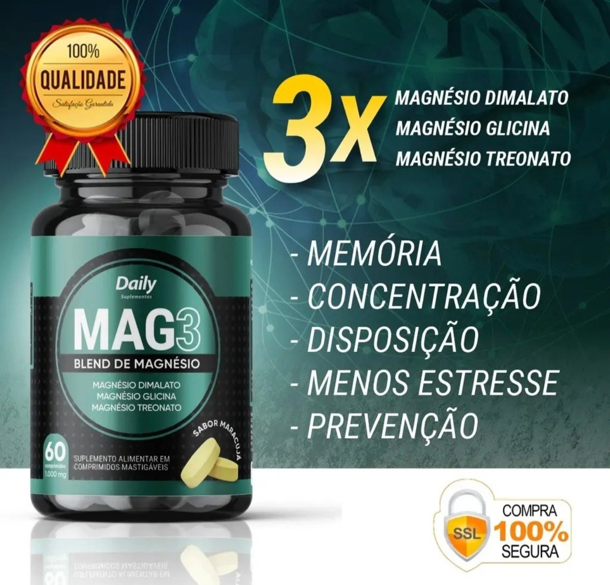 Magnésio Mag3 L-treonato 60 Comp Sabor Maracujá Top De Linha