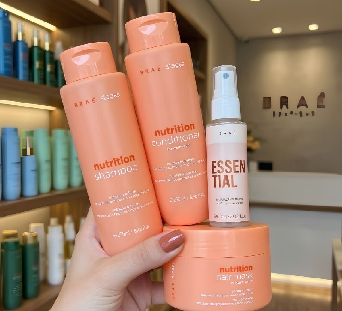Kit Braé Stages Nutrition Shampoo,cond,másc + Essential 60ml
