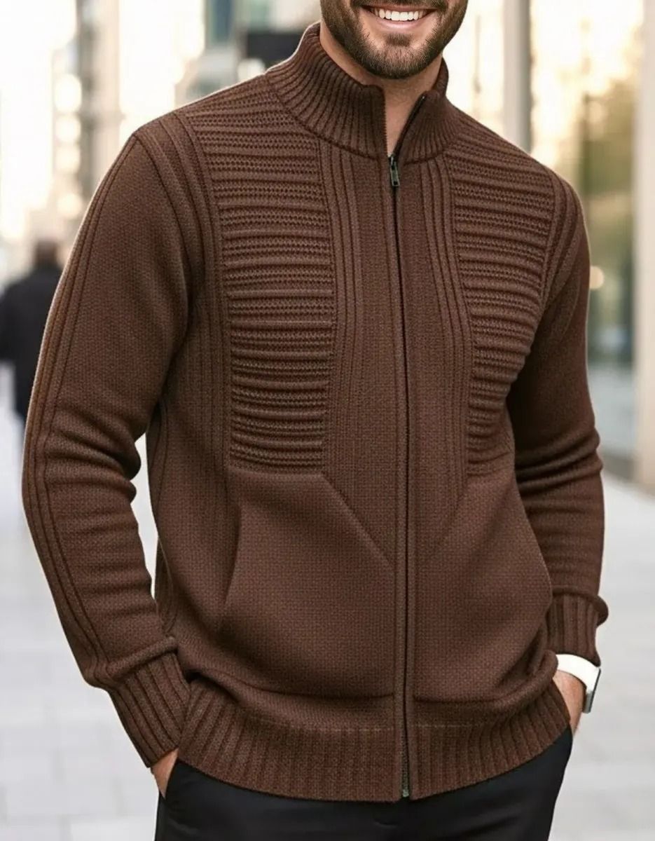 Jaqueta Masculina Preta Lã Tricot Inverno Com Bolso E Zíper (P ao GG)