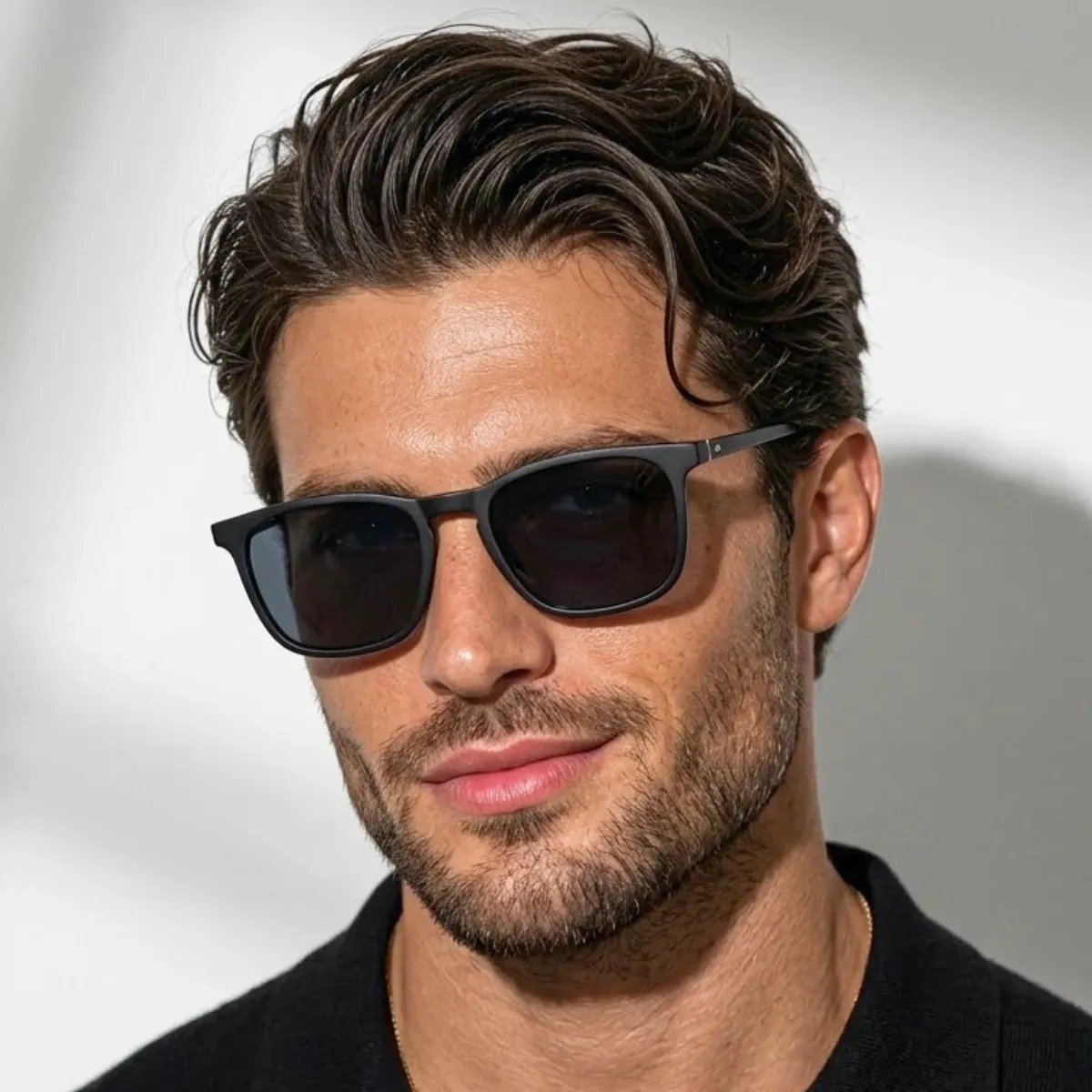 Óculos Sol Quadrado Masculino Leaf Metal Acetato Proteção Uv Armação Preta/ Lente Preta - Óculos Preto Masculino