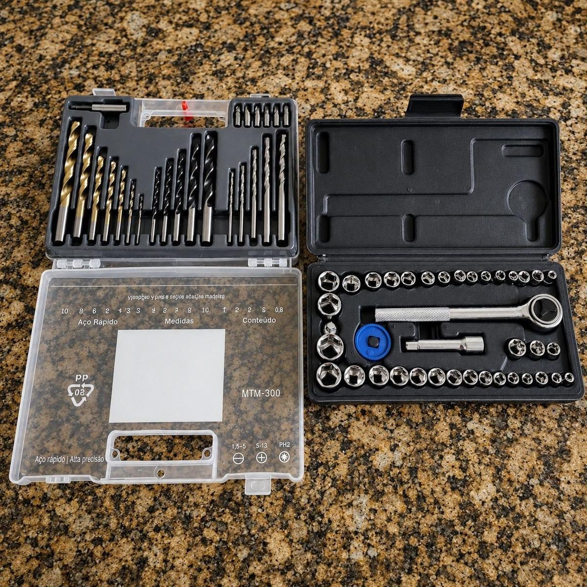 Kit Jogo De Brocas Bits E Buchas Com 300 Peças + Jogo De Chaves Catraca Reversível Soquetes 40 Peças