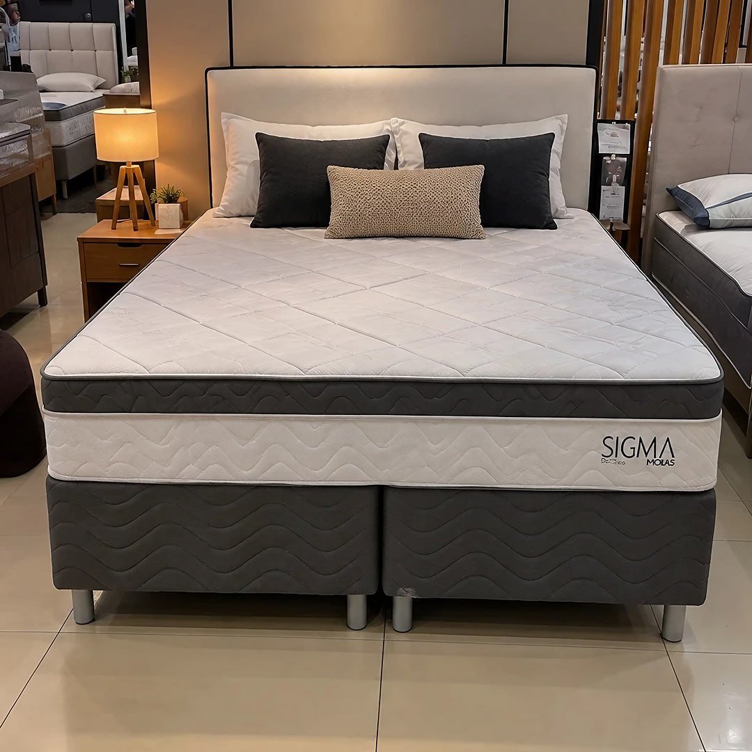 Cama Box Queen Modern Sigma Branco com Colchão Molas Ensacadas Euro Pillow