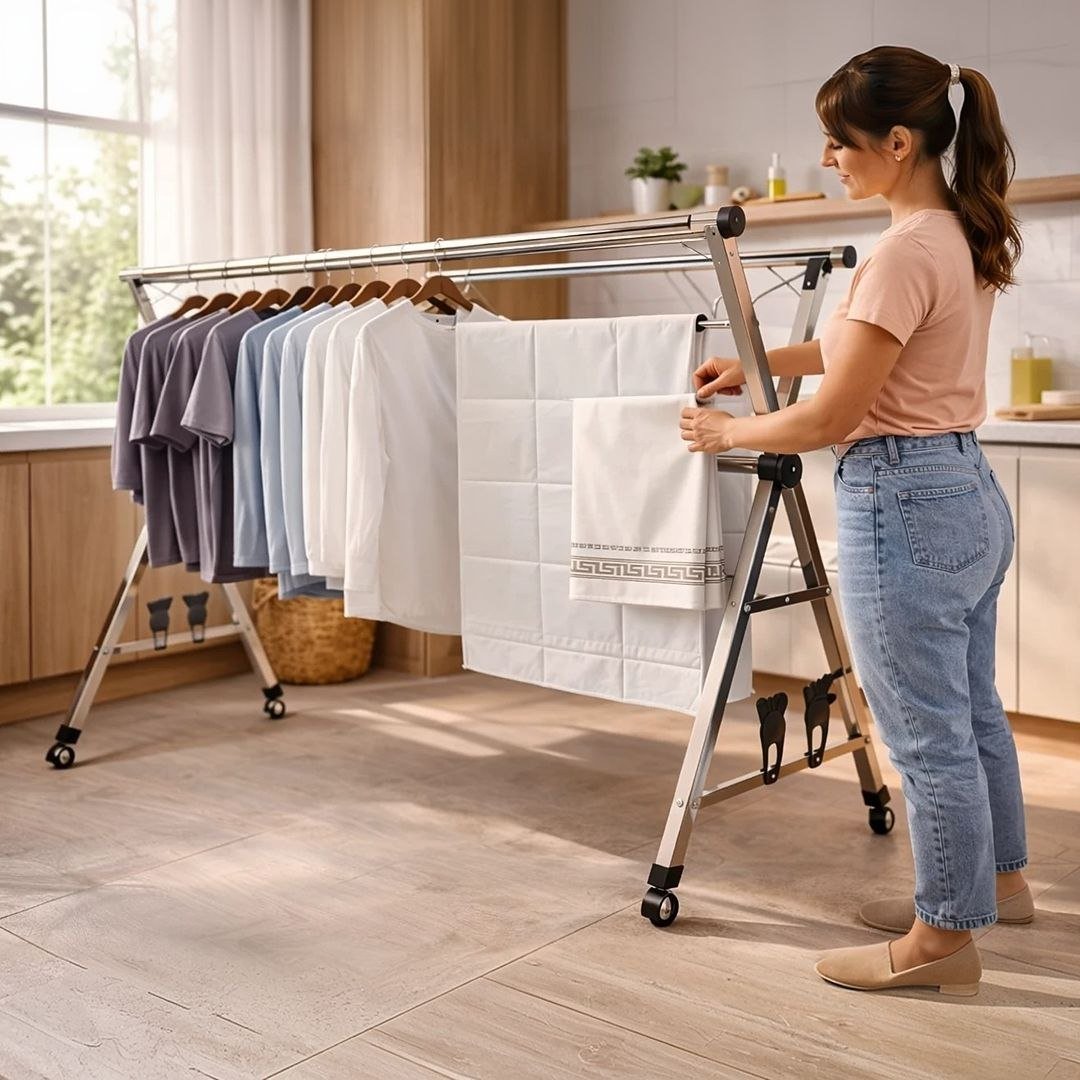 Varal Chão Roupa Retrátil 3 Andares Dobrável Aço Inoxidávelrodas 80kg