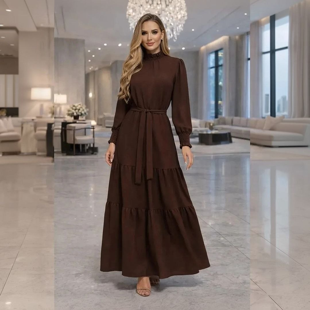 Vestido Longo Feminino Manga Longa Gola Alta Evangélico Luxo