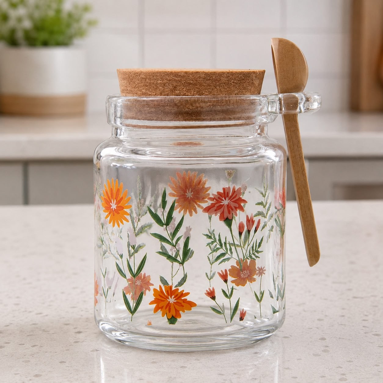 LYOR - Porta Mantimento Redondo de Vidro com Tampa e Colher de Bambu Flora 240ml - Organização de Alimentos