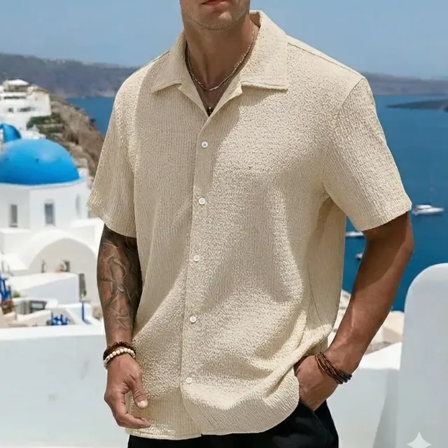 Camisa Casual Masculina Texturizada C/botões Old Money Bege (P ao GG)