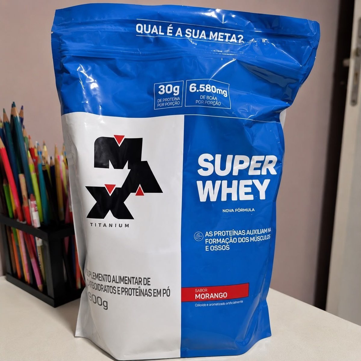 Super Whey Protein Refil 900g Max Titanium - Sabor Morango