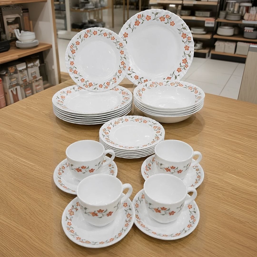 Aparelho De Jantar E Chá/café 20 Peças Vidro Opaline Branco