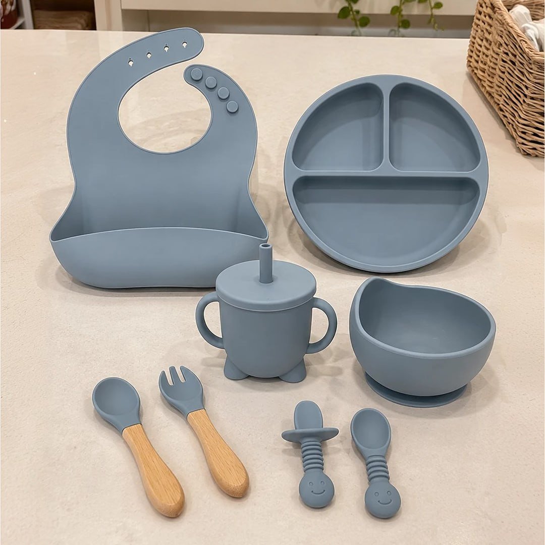 Kit Alimentar Bebê 8 Un Copo Prato Babador Silicone Bpa Free Cor Azul