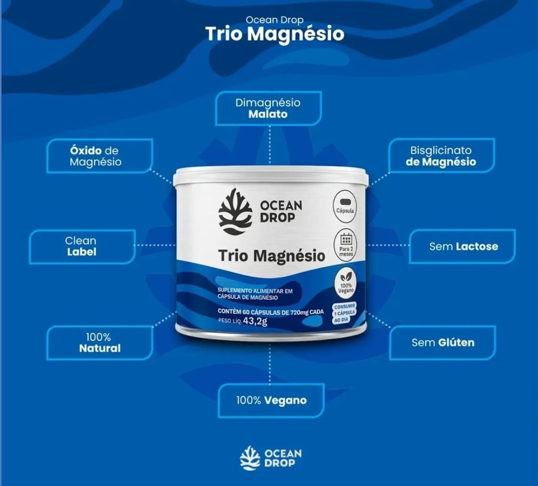 Trio Magnésio Ocean Drop Óxido Magnésio Bisglicinato Malato 60 Cápsulas 175mg