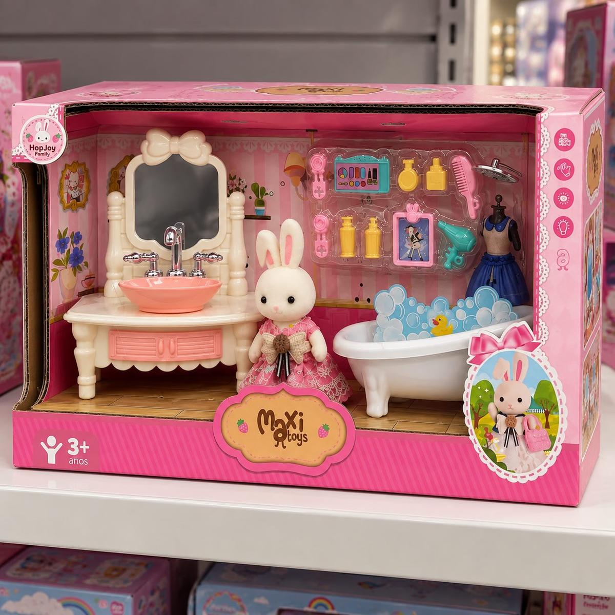 Casinha Boneca Coelho Brinquedo Infantil Mini Cenários Móveis Acessórios Coleção HopJoy Maxi Toys - Hora do Banho