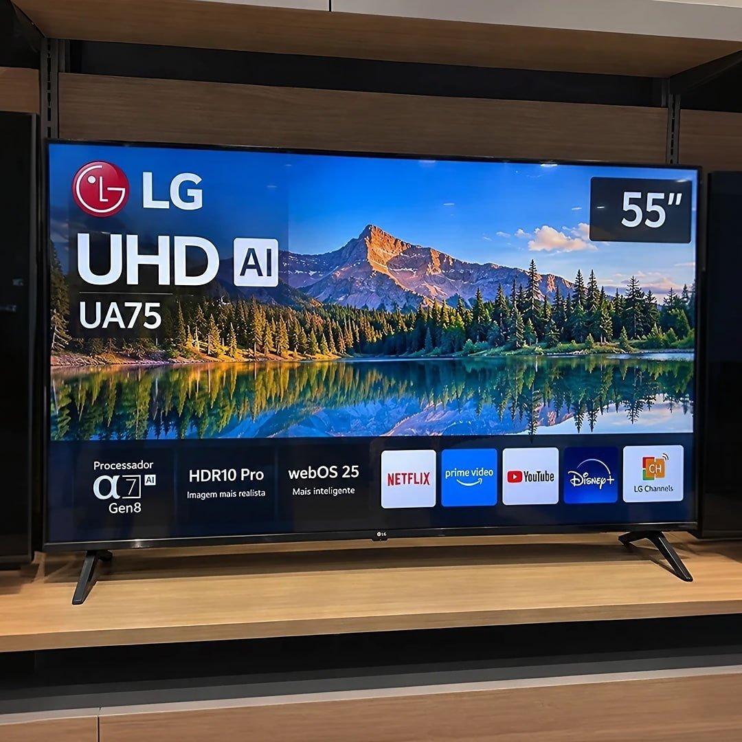 Smart TV LG UHD AI UA75 55 polegadas HDR10 Pro Processador α7 AI Ger8 webOS 25