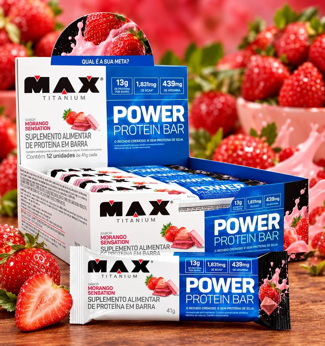 Power Protein Bar 41g Display Com 12 Unid Max Titanium Sabor Morango sensation