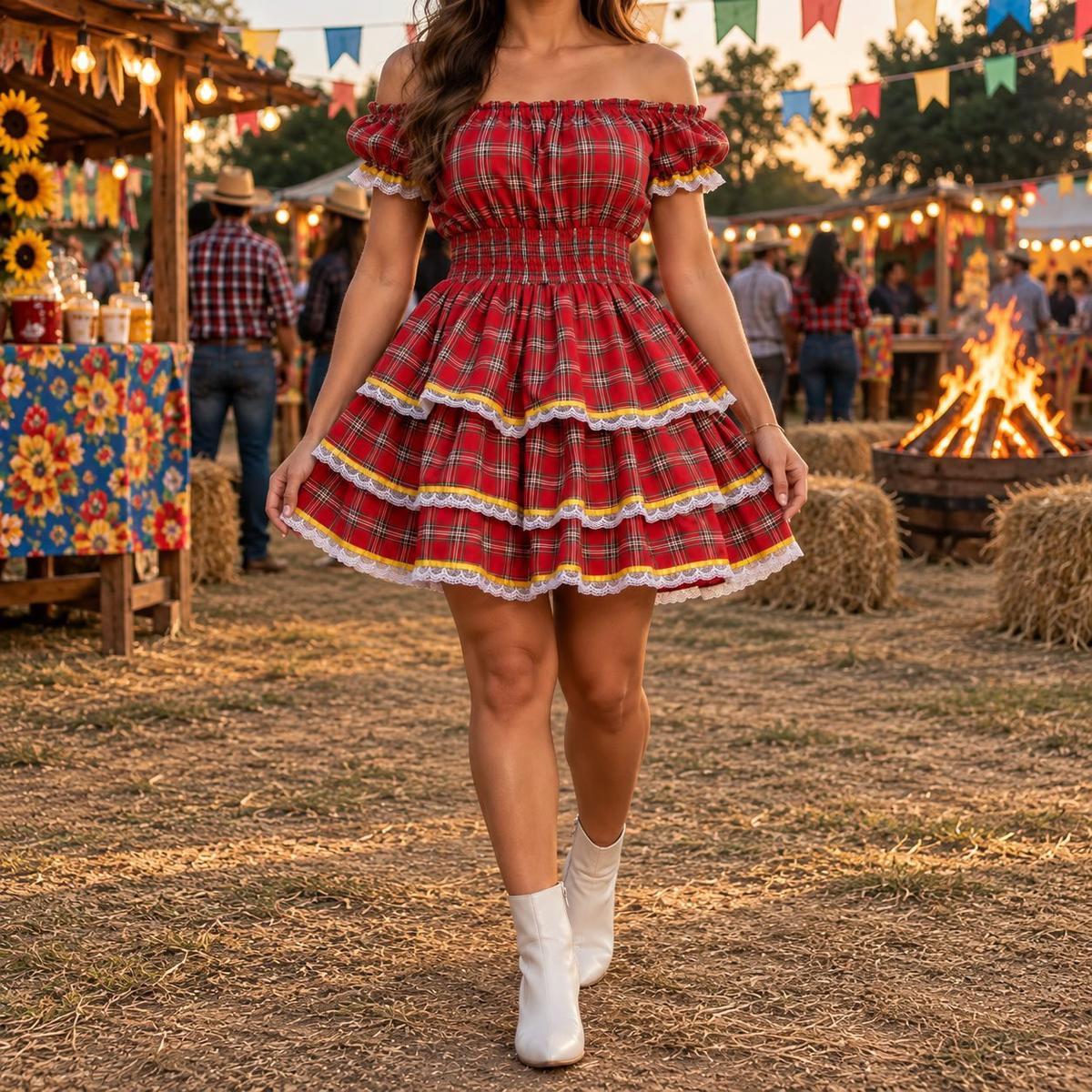 Vestido Quadrilha Xadrez Feminino Ombro A Ombro Festa Junina