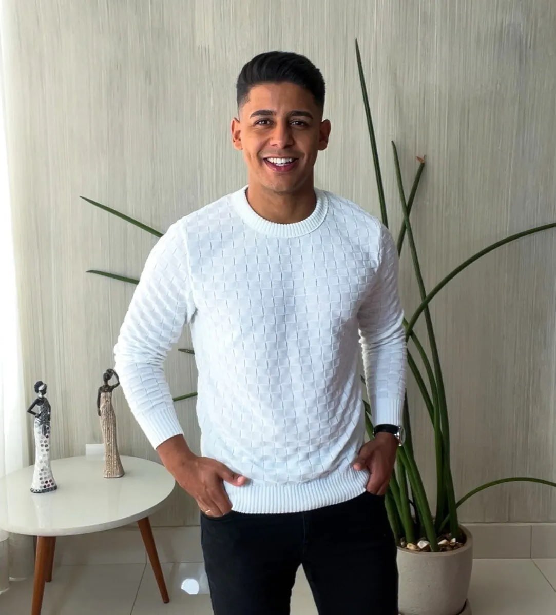 Suéter Masculino Lã Tricot Manga Longa Xadrez Blusa De Frio
