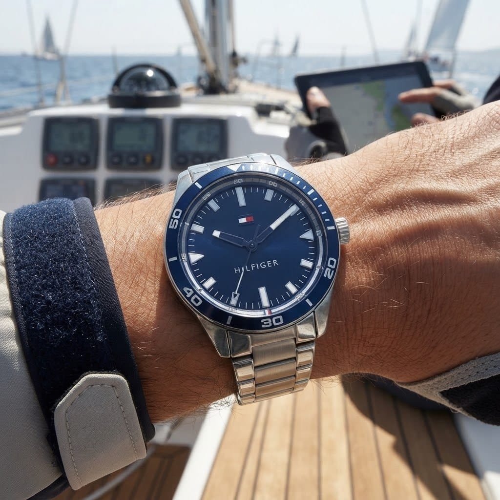 Relógio Tommy Hilfiger para homens em aço prateado 1791817, cor da moldura, azul marinho, cor de fundo, azul marinho