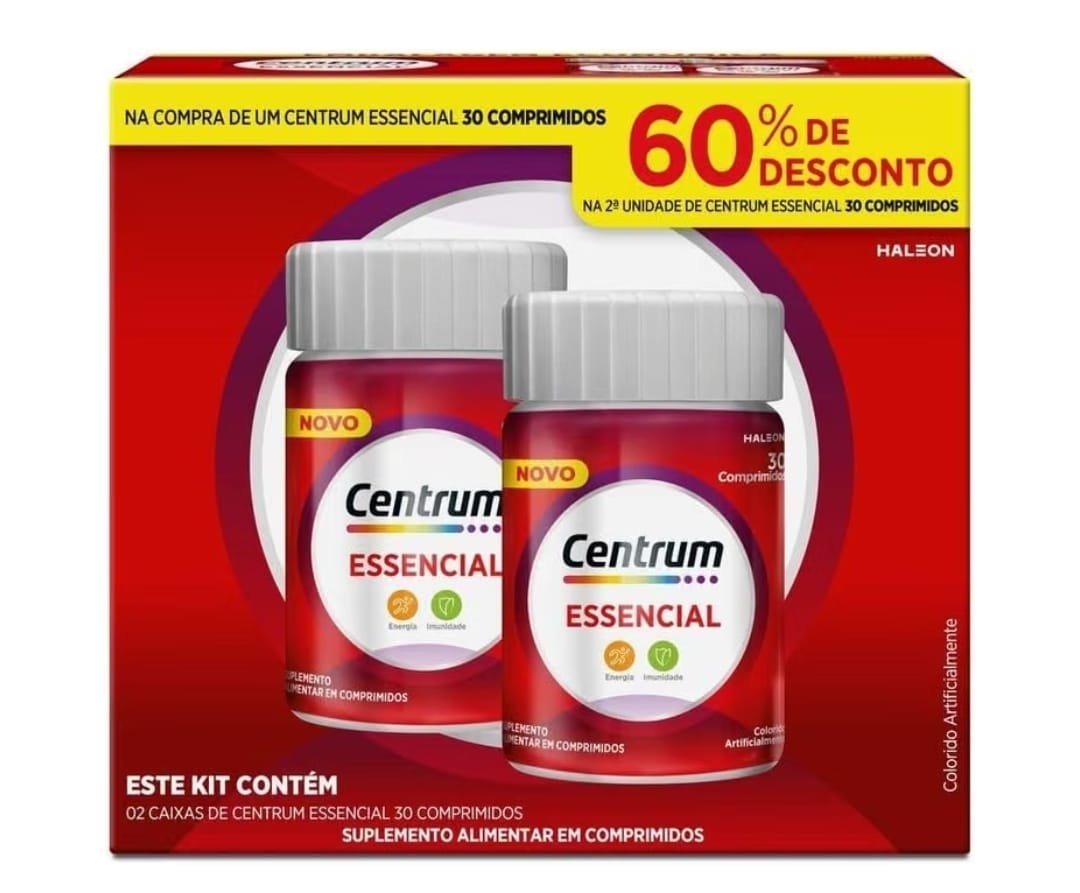 Centrum Essencial Multivitamínico Diário, com Complexo B, Vitamina D, e Magnesio, 2 Frascos com 30 Comprimidos cada