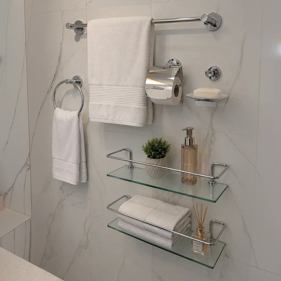 Kit Acessórios Banheiro Inox 5peças + 1 Porta Shampoo Reto Cor Prateado