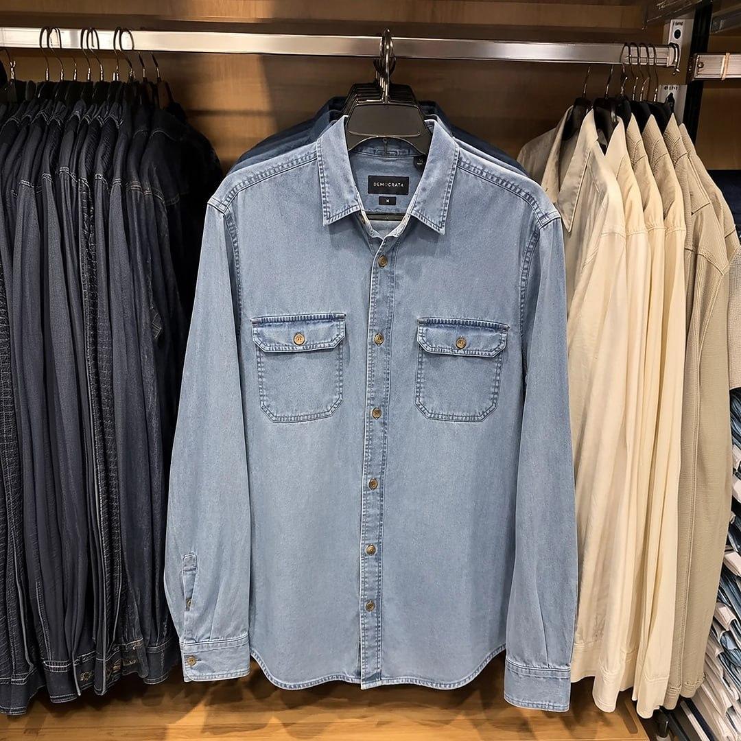 Camisa Jeans Masculina Social Slim Manga Longa