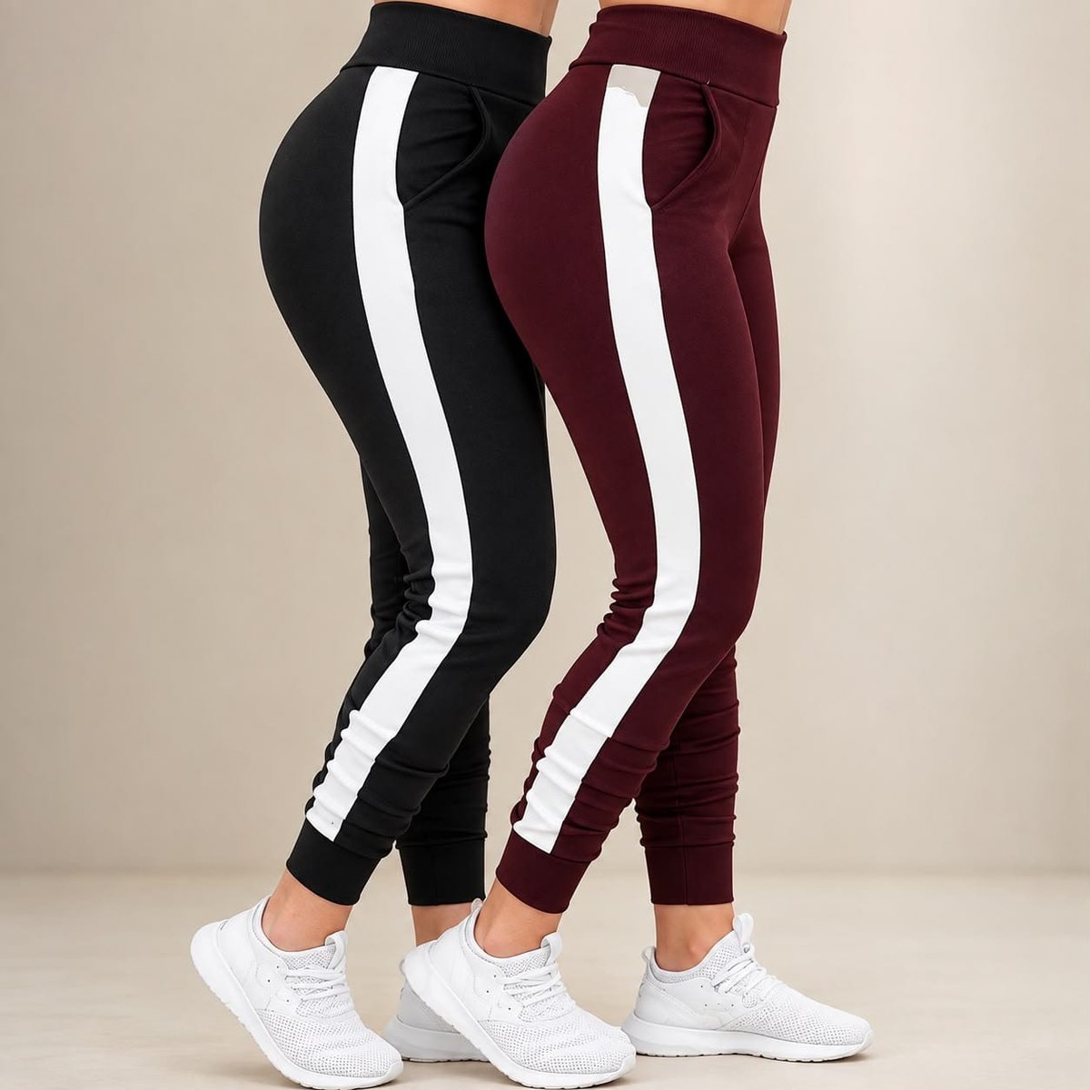 Kit 2 Calças Feminina Jogger Listrada Crepe Slm Fit Academia