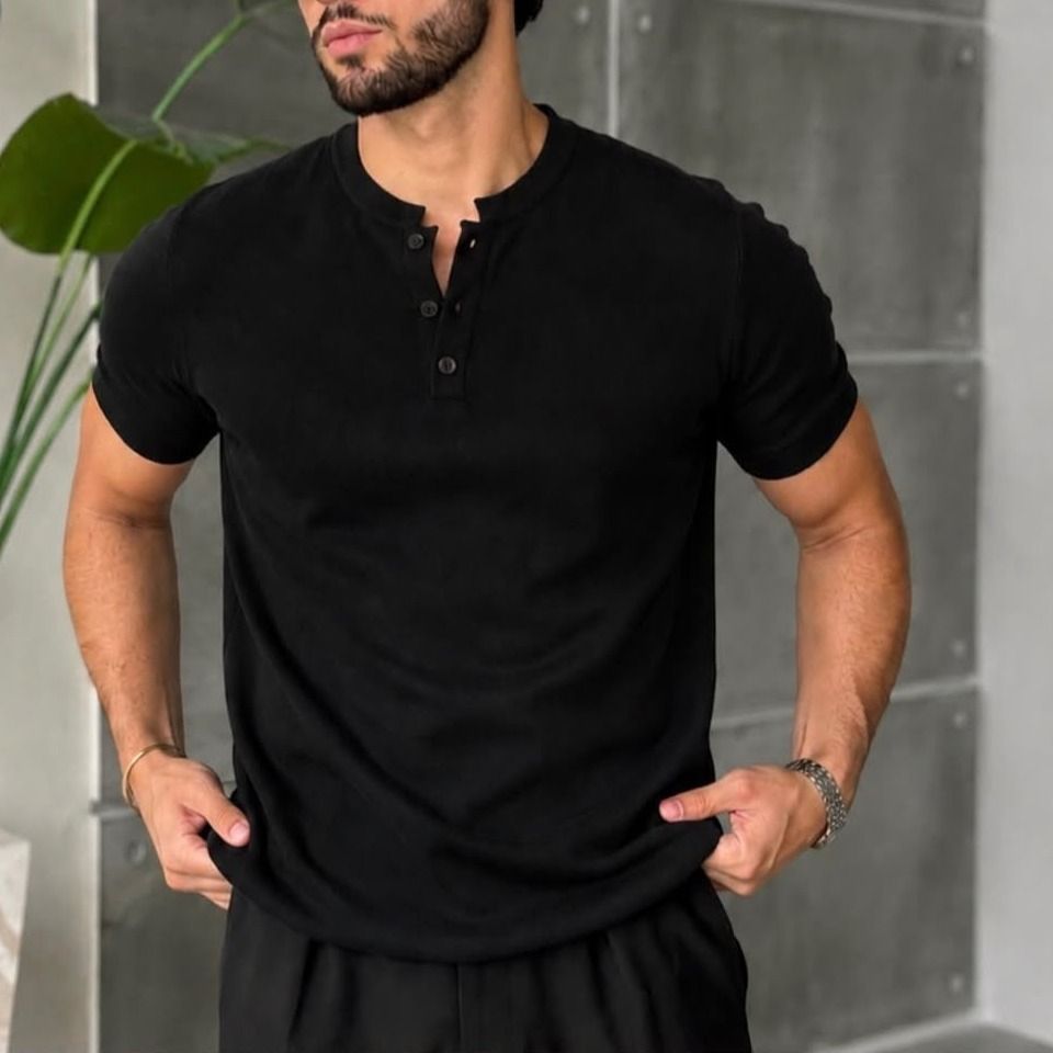Camiseta Henley Masculina Slim Fit Algodão Manga Curta (P ao GG)