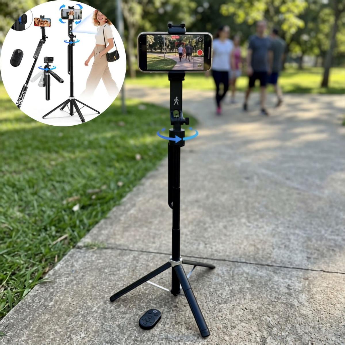 Tripé Para Celular e Câmera Basike 180cm com Rastreamento Facial IA e Controle Bluetooth