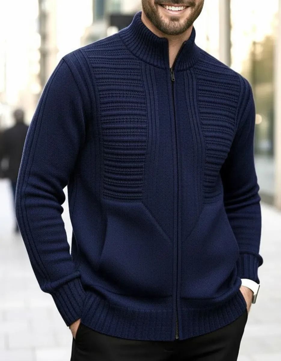 Jaqueta Masculina Preta Lã Tricot Inverno Com Bolso E Zíper (P ao GG)
