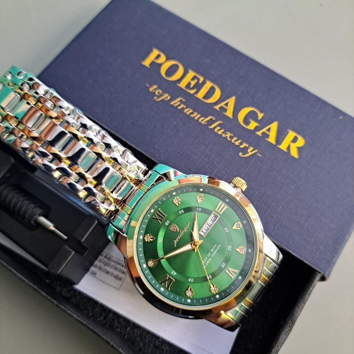 Relógio Poedagar Masculino Luxo Original Com Nota Fiscal Prateado Verde